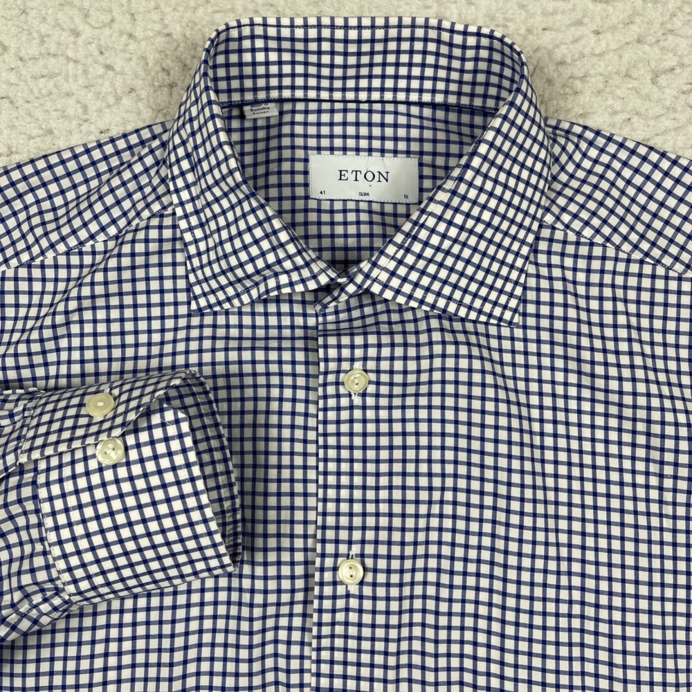 Eton Button Down Shirt Mens 16 Blue Slim Gingham Check Spread Collar Classic